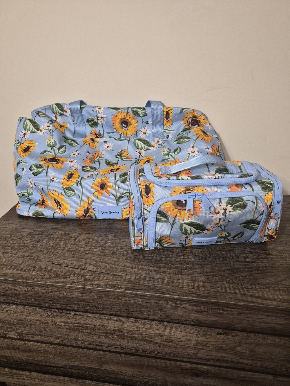 Vera Bradley Sunflower Print Duffel and Matching Cosmetic Case - Light Blue